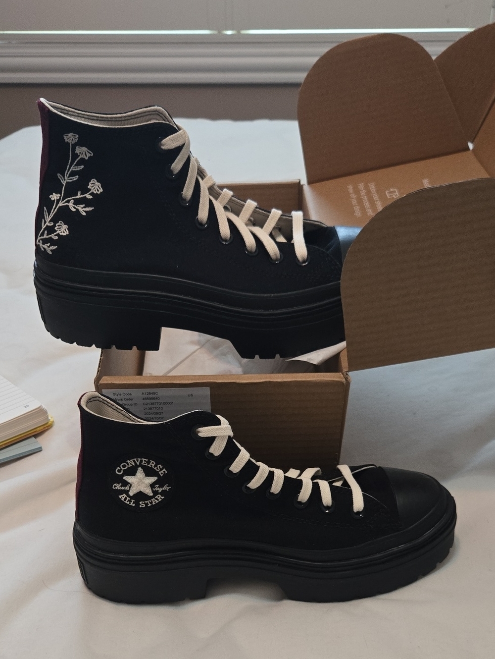 Converse Black High-Top Platform Sneakers with White Laces & Floral Stitching